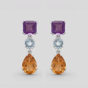 Citrine 925 Sterling <b>Silver</b> Earring - Three-Tier Multi-Gemstone Dangle <b>Studs</b> - Product Image 1