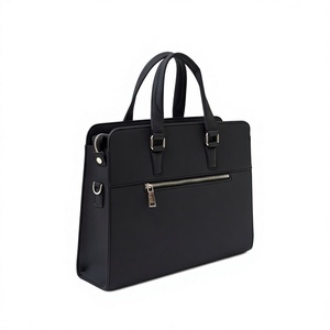Porte-documents en cuir véritable noir imperméable avec poignée supérieure, poche avant zippée, doublure en polyester, design de luxe et tendance - Product Image 1