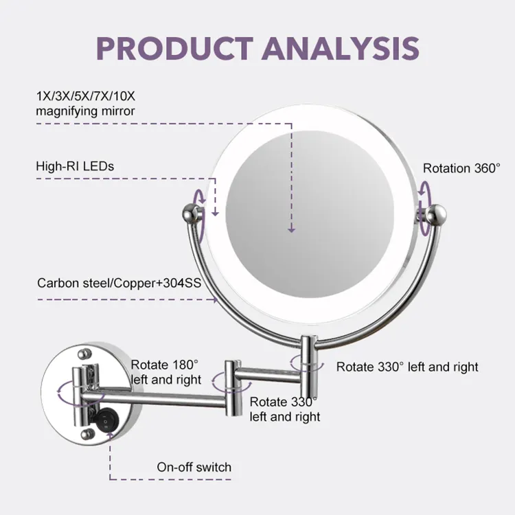 Fabriek Beste Led Licht Vergrotende Spiegel Muur Opknoping Opvouwbare Badkamer Sleepdouche Matzwarte Make-Up Spiegels Voor Hotel