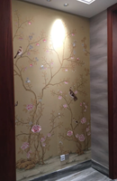 Papier peint chinoiserie peint à la main avec broderie partielle faite à la main, taille personnalisée, paysage botanique naturel, revêtement mural