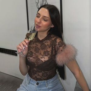 Lace Sheer Round Neck Women's T-<b>Shirt</b> Short Sleeve Slim Fit Fashionable Versatile Top - Product Image 4