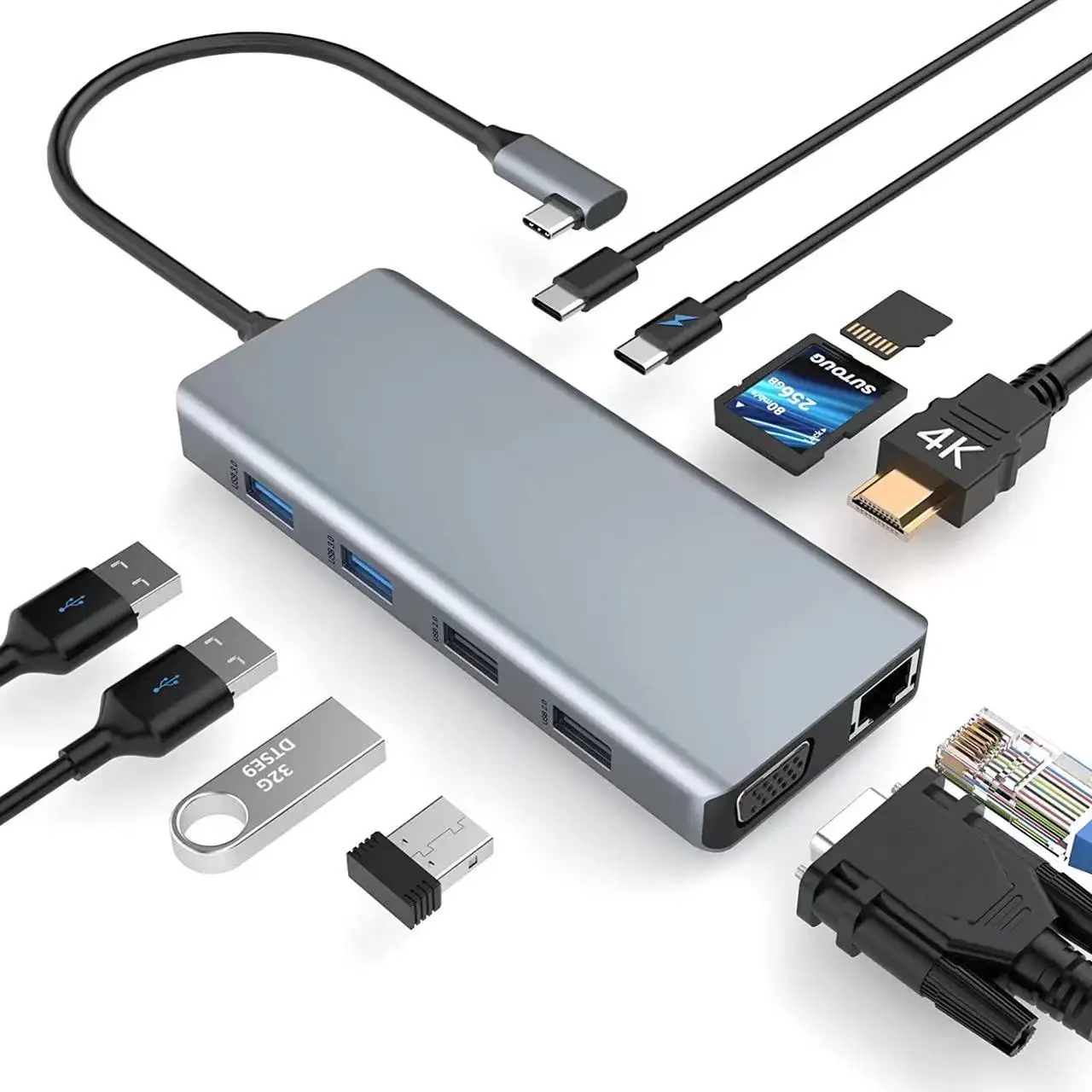 L 모양 커넥터 USB 타입 C 허브 12 in 1 USB 허브 3.0 USB-C 도킹 HD-MI 4K RJ45