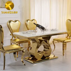 Mesa de comedor de acero inoxidable con diseño de mármol DT006, mueble de comedor con piezas metálicas