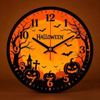 Jam Dinding Halloween Motif Labu dan Kelelawar, Tanpa Suara Tik-tok, Analog Quartz, Bulat, Plastik, untuk Rumah, Kantor, Dapur, Ruang Kelas