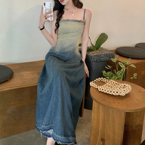 Personnalisé A-ligne décontracté sans manches <span class=keywords><strong>dégradé</strong></span> bleu robes été fronde coton Denim longue Stretch Maxi Maxi robe dos nu femmes vente entière - Product Image 6