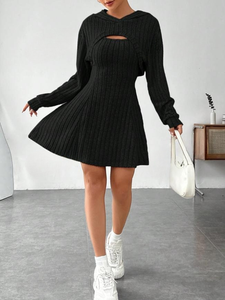 Elegante Vestido <span class=keywords><strong>de</strong></span> Punto con Capucha <span class=keywords><strong>para</strong></span> <span class=keywords><strong>Mujer</strong></span>, Manga Larga, Corte en A, Mini Vestido Suéter, Ajuste Holgado, Ropa Casual <span class=keywords><strong>de</strong></span> Moda <span class=keywords><strong>para</strong></span> <span class=keywords><strong>Otoño</strong></span> e Invierno - Product Image 1