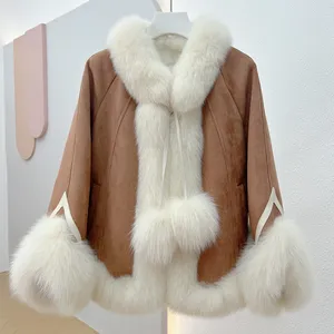 OFTBUY2023 Hot Selling Women Youthful Loose Cloak Jacket Real Fur Outerwear White Goose Down Inner Liner Sweet Fur Down Cloak