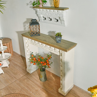 Table console en bois massif sculpté blanc vieilli style rustique ferme, avec rangement, pour salle à manger, appartement, salon, entrée, hôtel - Vente en gros