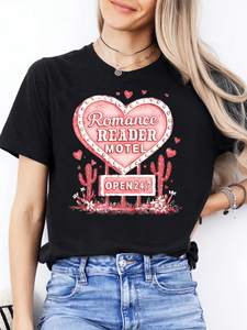 Romance Reader Motel T-shirt da donna a maniche corte con scollo rotondo, top casual con stampa di cuori per San Valentino, 100% cotone, primavera estate - Product Image 1