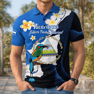 Camiseta Polo Personalizada del Día de la Independencia de Nicaragua con Diseño de <span class=keywords><strong>Guardabarranco</strong></span> y Flores Sacuanjoche, Estilo Casual de Béisbol - Product Image 1