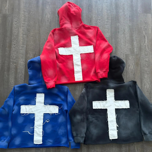 Manufacturers Heavyweight Double Layer Custom Distressed Applique Embroidery <b>Spray</b> <b>Paint</b> Boxy Cropped Hoodie Men - Product Image 1