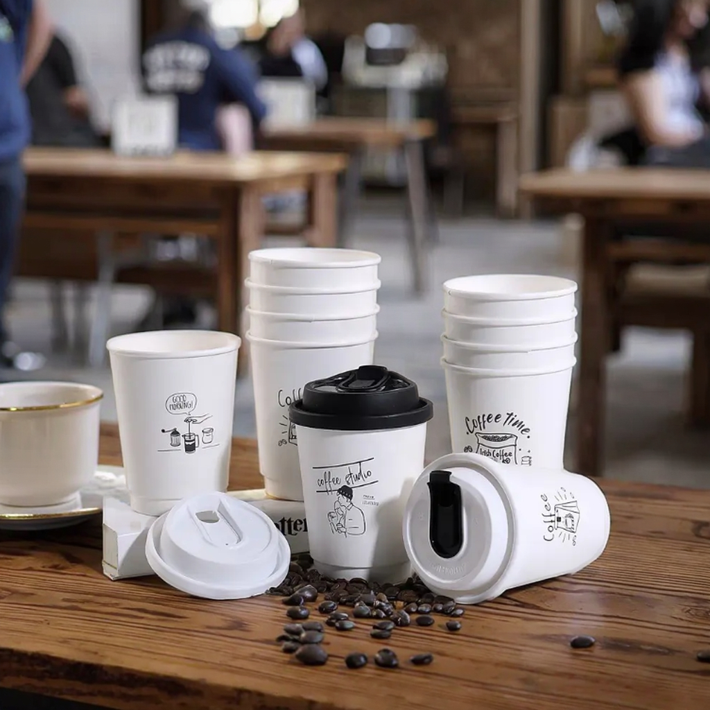 Wholesale Factory Customized Eco-friendly and Biodegradable Disposable Double Wall Coffee Paper Cups with Lids