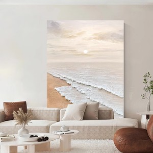 Peinture à l'huile peinte à la main, soleil sur plage dorée, style impressionniste, sans cadre, art mural minimaliste moderne pour salon - Product Image 4