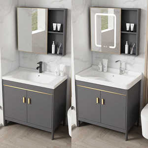 Elegante gabinete de baño gris con espejo inteligente, lavabo blanco y mueble de pie. - Product Image 5