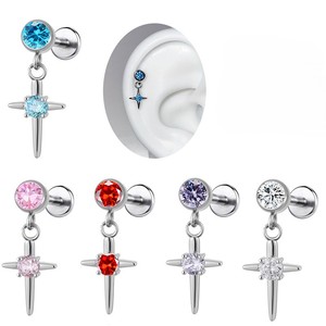 Pendientes de titanio G23 con circonita rosa brillante y colgante de cruz, <span class=keywords><strong>piercing</strong></span> para nariz y <span class=keywords><strong>labio</strong></span>, regalo de boda para mujer - Product Image 1
