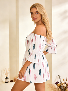 Off Shoulder White Feather Print Mini Dress for Women - Casual Summer A-Line Dress with Bell Sleeves and Elastic Waist - Product Image 2