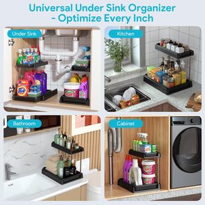 Expandable Adjustable <strong>Kitchen</strong> Mental Under Sink <strong>Storage</strong> Organizer Drawer <strong>Rack</strong> 2 Tier 2 Pack Clear Under Pull Out Sliding - Product Image 2