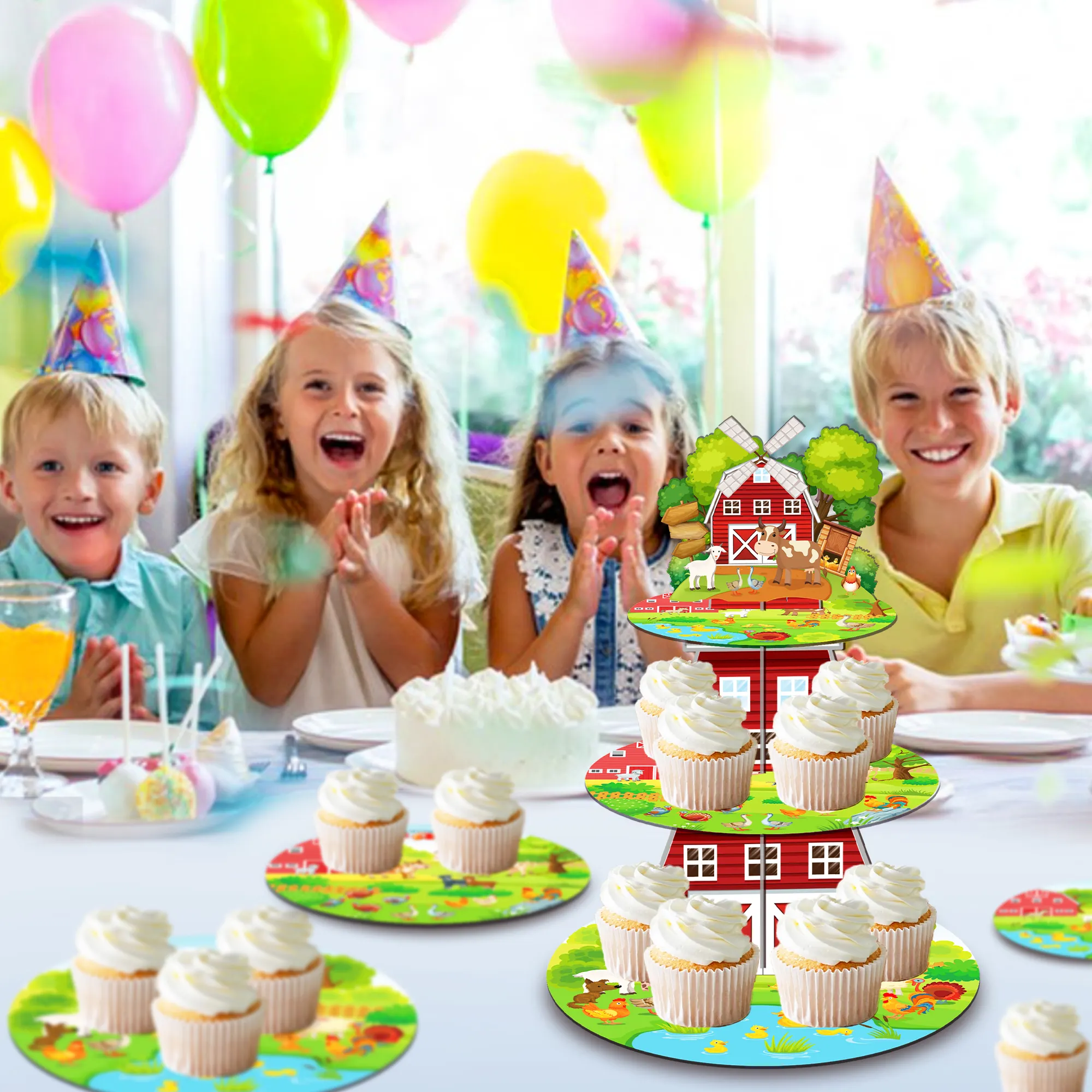 Dt130 Boerderijdieren Thema Cupcake Stand Wegwerp 3 Tier Dier Cup Houder Voor Boerderij Verjaardag Baby Shower Party Decoraties