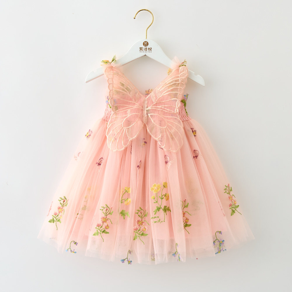 Abito in Tulle da bambina con ricamo floreale rosa