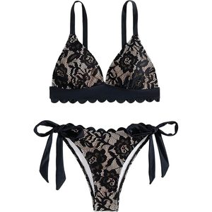 Women's Floral Lace <b>Bikini</b> <b>Set</b> Scallop Trim <b>Triangle</b> Top Tie Side Thong 2 Piece Swimwear - Product Image 1