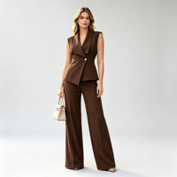 Ensemble décontracté deux pièces tendance pour femme : haut uni et pantalon large, idéal pour le bureau et le quotidien, avec taille élastique personnalisable (OEM/ODM)