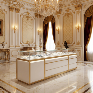 Modern <strong>Wall</strong> Mounted Jewelry <strong>Display</strong> <strong>Cabinet</strong> White and Gold Showcase with LED Light for Retail Shop - Product Image 4