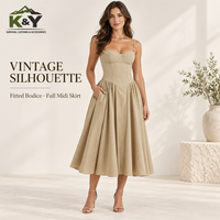 Robe Midi sans Manches pour Femme, Coupe Slim, Taille Haute, en Polyester, Style Club, Col Rond, Bretelles, Élégante, Vintage, Couleur Unie, Collection Automne