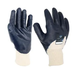 HB-guantes de seguridad de nitrilo recubiertos, guantes de trabajo de nitrilo azul clásicos F N712, con forro de Jersey de algodón y muñeca tejida, 3/4