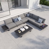 Ensemble de meubles de patio extérieur, canapé sectionnel en aluminium en forme de L avec table basse en pierre frittée, imperméable et antirouille pour le jardin