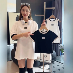 T-shirt Casual in Cotone 100% Lavorato a Maglia con Motivo a Lettere, Eco-friendly, Vestibilità Ampia, Manica Corta per Coppie, Uomini, Donne, Famiglia, 240 Grammi - Product Image 2