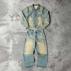 Custom Denim Jacket and Jeans <b>Pants</b> 2 Piece Set Oversized Heavyweight 14 Oz Sun Faded Jogging Suit Design Jeans Denim Set Men - Product Image 1