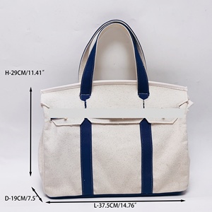 Bolso de Mano Grande de Lona de Algodón, Diseño con Cinturón Rosa Intenso, Bolso de Hombro Resistente para las Tareas Diarias, Bolso Tote Elegante para Mujer, Color Azul Marino - Product Image 5