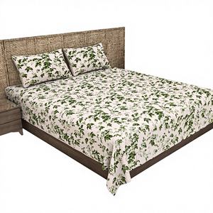 Ensemble de literie Queen avec motif floral imprimé vert, 2 taies d'oreiller, 100% coton, 300tc, écologique, qualité A - Product Image 1