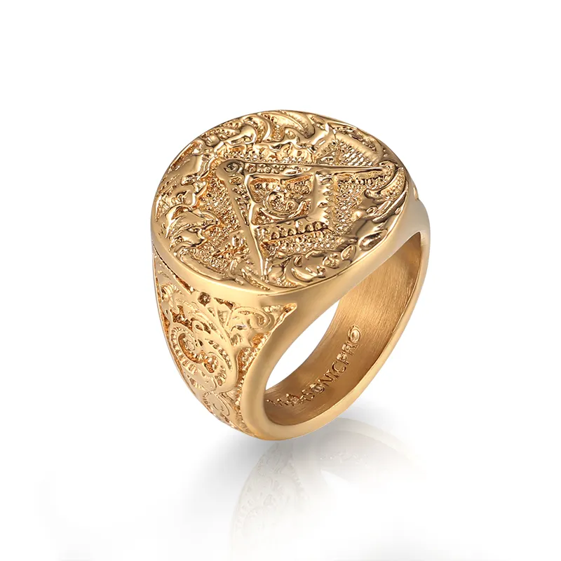 Vintage Hip-pop Gravado anel logotipo personalizado Maçônico Chapeamento De Ouro De Aço Inoxidável Homens Anéis Retro Largo Grande Anel Do Dedo