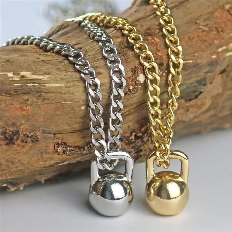 Hot Selling Gold Silver Color Alloy Mens Barbell KettleBell Pendant Necklace For Male Sports Fitness Dumbbell Jewelry