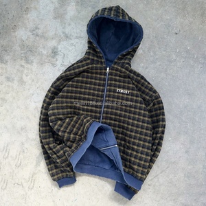 Sweat à capuche zippé personnalisé pour fabricants, effet délavé à l'acide, double couche, réversible, à carreaux, coupe courte et carrée, double face, veste zippée - Product Image 1