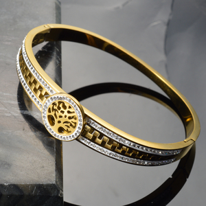 En Acier Inoxydable Interlocking Plant Design Spring-Clasp Trendy Sturdy 18K Gold Plated Zircon Decorative <b>Couple</b> Bangle - Product Image 4