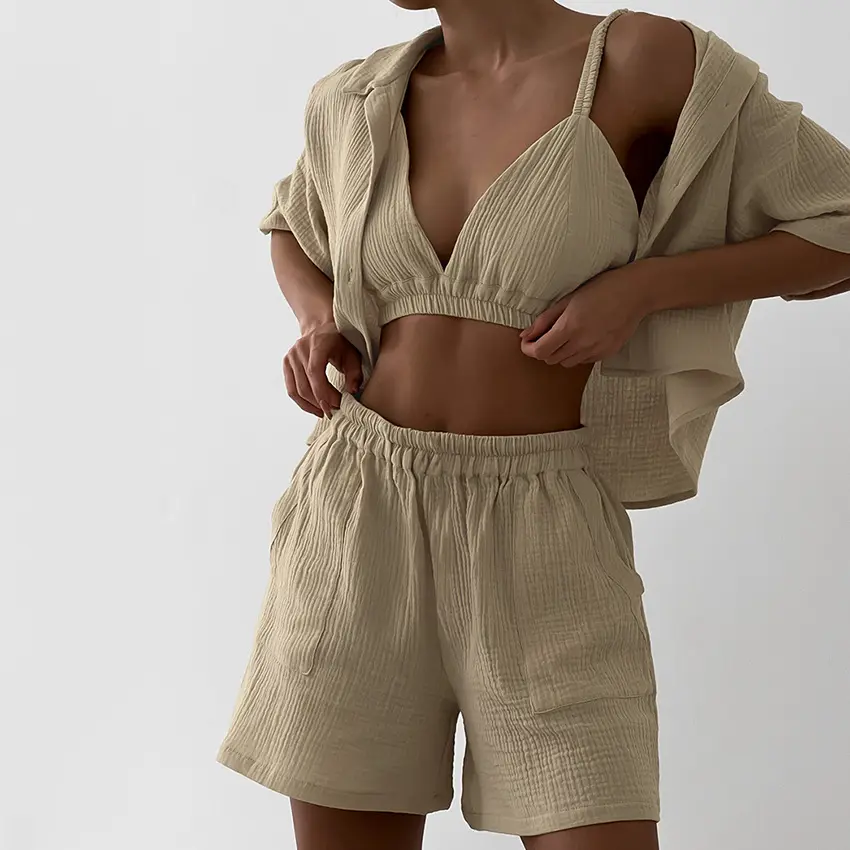 Custom Women's 3 Piece Lounge Short Outfits 100% Cotton Summer Trendy Crop Shirt Cami Shorts Pajama Pyjamas Pjs Set For Woman