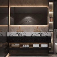 Meubles-lavabos de salle de bain suspendus au mur avec miroir, avec dessus en pierre flottante moderne, comptoir en marbre et lavabo intégré