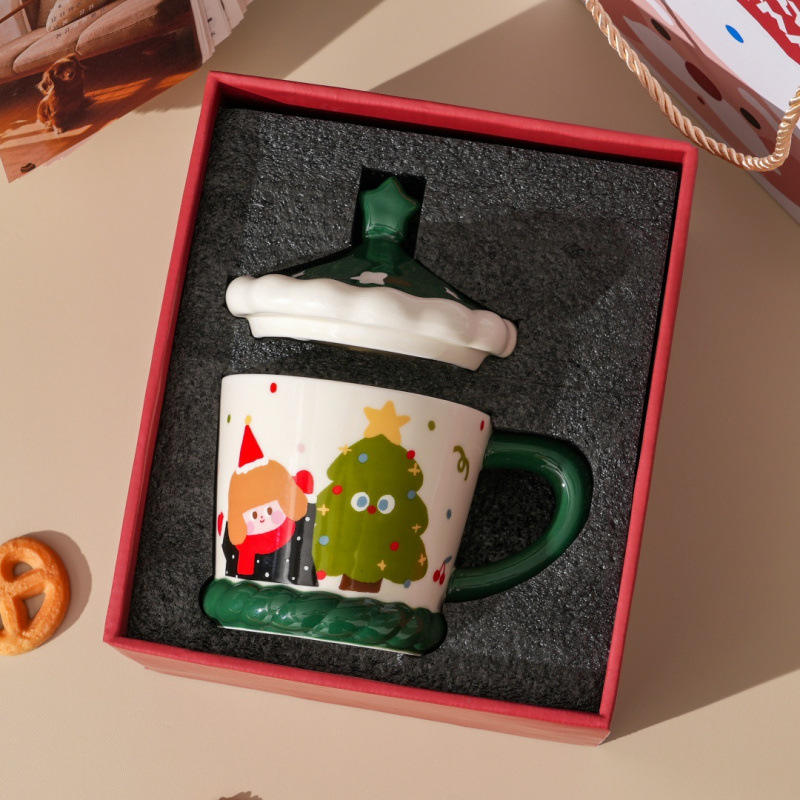 Tasse de conte de fées de forêt de noël-tasse verte + couvercle + coffret cadeau