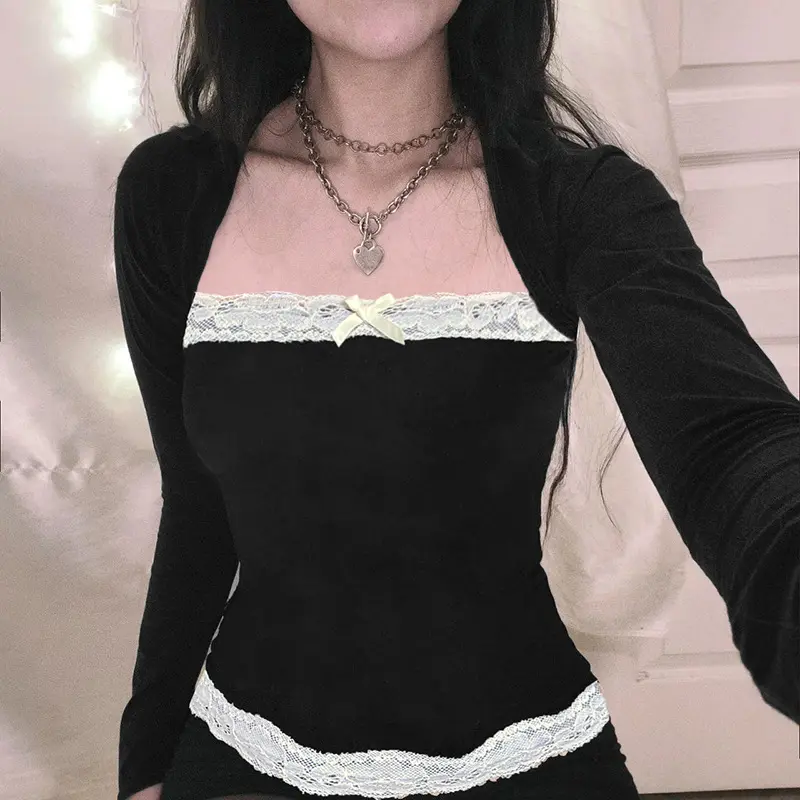 2023 Lace bow contrast colors false-two-piece sexy T-shirt autumn elegant women slim fit top