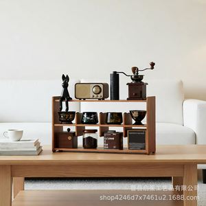 Wooden Double Layer Teacup Holder Retro <b>Desktop</b> <b>Shelf</b> Multipurpose Storage Living Room Display Rack Rectangle Freestanding - Product Image 2