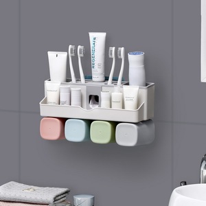 Toothbrush <b>Holder</b> Bathroom Storage Suction Cup Mount <b>Toothpaste</b> Organizer With Cups For Sink Area - Product Image 1