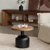 Meuble de salon de style industriel, table d'appoint ronde noire en fer et bois massif