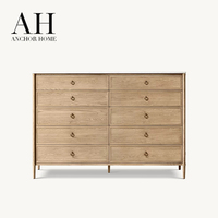 Commode de style Mid-Century en chêne massif noir avec plateau en marbre, dix tiroirs, grand rangement, poignées annulaires, pieds coniques, écologique, pour chambre à coucher