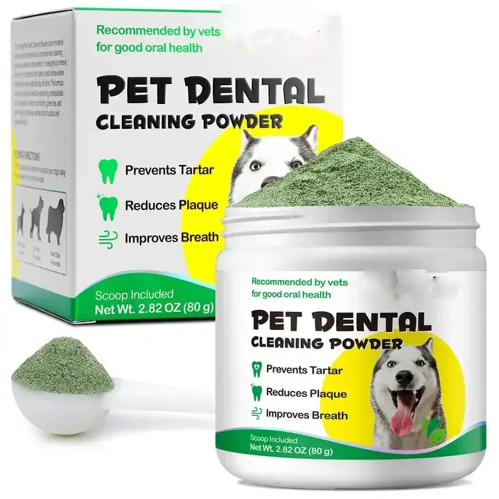 犬のためのカスタム卸売ペットオーラルケアドライクレンジングパウダー歯のクリーニングパウダーは歯石を防ぎます