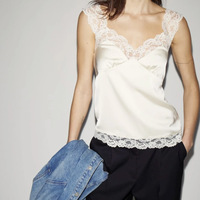 Ensemble deux pièces pour femme, style vintage raffiné, été, en soie tissée unie avec dentelle, col en V, débardeur respirant et short à cordon de serrage, pantalon long, ODM