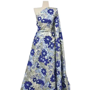 Afrikaanse Kant Stof Polyester Goud Blauw Brocade Jacquard Stof Voor Dame Jurk 100% Polyester Geweven Wedding Party