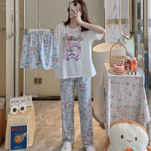 Pijamas de verano para mujer, conjunto de 3 piezas de pantalones cortos y manga corta, ropa de casa informal con dibujos animados, pijama coreano, conjunto de dormir fresco y suave de seda de leche. - Product Image 6