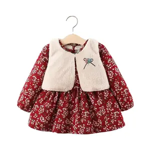 Girls winter Korean style dress red floral warm vest dress suit female baby fleece winter clothes For 0 to 4Year old